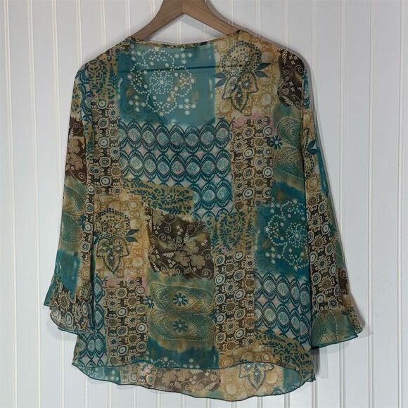 Apt. 9 Boho Patchwork Sheer Blouse L Made in Hong Kong Tie Neck Ruffle Cuff Top - Picture 7 of 10